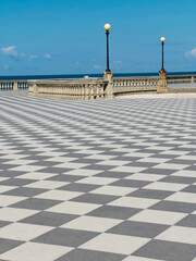 Details of the Mascagni Terrace, a checkerboard masterpiece that enchants the Livorno skyline