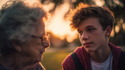Intergeneration Month, A thoughtful moment between a grandmother and her teenage grandson, sharing a quiet conversation in a park with the sunset in the background