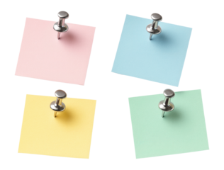 Four colorful square sticky notes in pink, blue, yellow, and green are fastened with silver pushpins on transparent background.