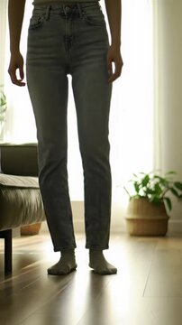 Low-angle video of person's legs in light denim jeans uncrossing, standing up, and walking gracefully on a polished wooden floor in a sun-drenched modern living space with soft golden light. Concept