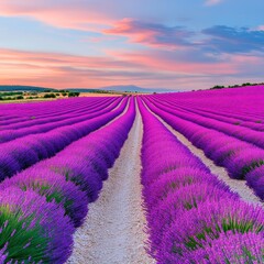 Fototapeta premium Lavender Fields at Sunrise Rows of Purple Flowers Under a Pastel Sky