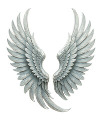 Fototapeta premium Realistic pair of intricately detailed silver angel wings with layered feathers facing each other on transparent background.