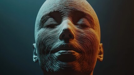 Abstract face sculpture with layered texture illuminated by blue and orange light in a dark space