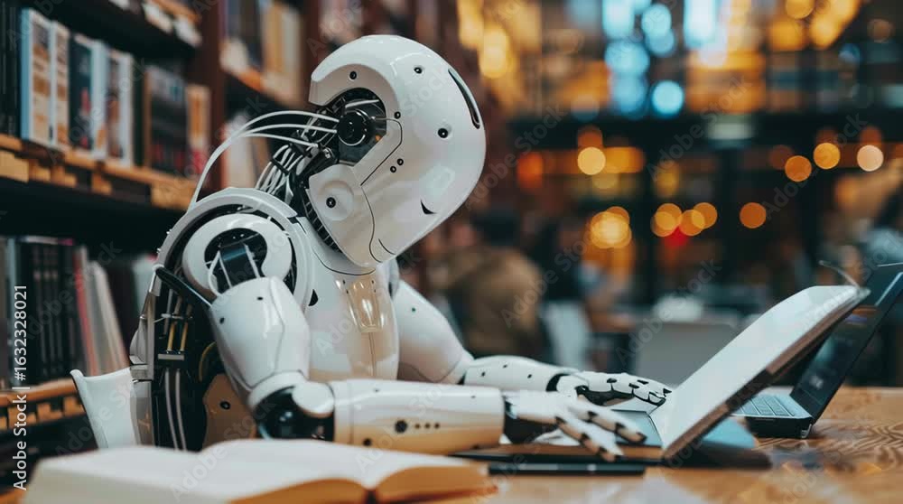 Aufkleber robotic assistant studies in a modern library during evening hours