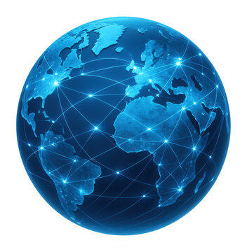 Blue digital globe with illuminated lines and nodes representing global communication and connectivity on transparent background.