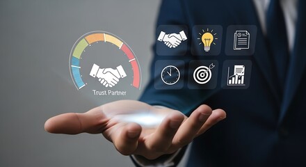 Businessman holding hand with trust partner meter and business icons image photo