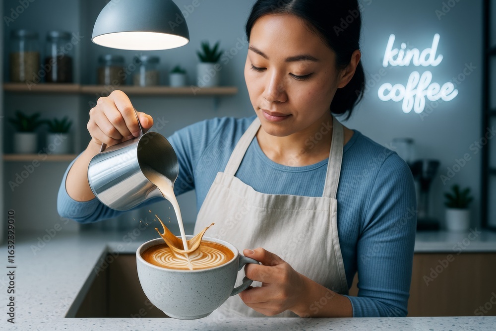 Poster barista pouring milk into latte creating splash art in cozy modern cafe with warm lighting and soft 