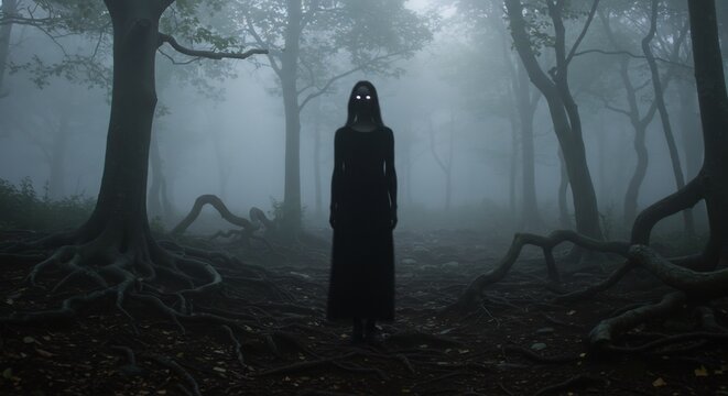 A dark figure with glowing eyes stands in a foggy forest surrounded by trees and exposed roots