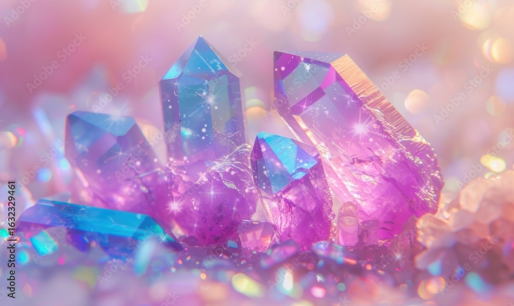 Aufkleber glowing crystal cluster with soft hues and bokeh background for creative use