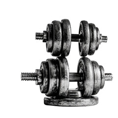 Fototapeta premium Stacked metal dumbbells, dark monochrome