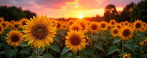 Obraz premium Sun-kissed sunflowers bathed in twilight's embrace , nature, sunflowers, photography