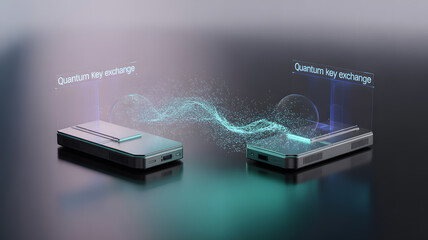 Quantum Key Exchange: A cutting-edge visual of quantum key exchange in action, showcasing data transmission, information, and the essence of cutting-edge science and technology. 