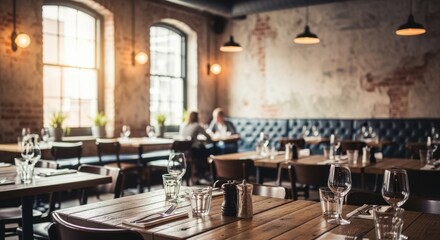 Cozy loftinspired eatery with distressed brick backdrop and reclaimed wood tables