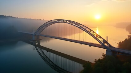 Obraz premium Arch bridge reflecting in calm water during a misty sunrise
