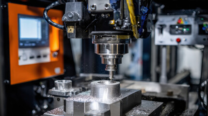 Metalworking CNC milling machine cutting metal part with precision in industrial workshop