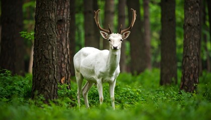 Majestic White Deer Standing Tall in Lush Green Forest A Captivating Wildlife Scene
