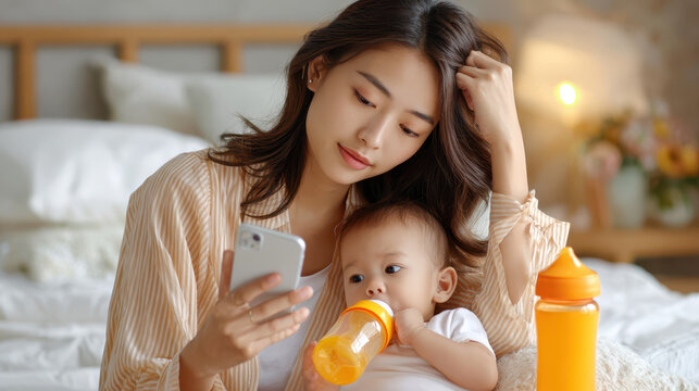 Young mother using smartphone while feeding her baby with a sippy cup in a cozy bedroom setting