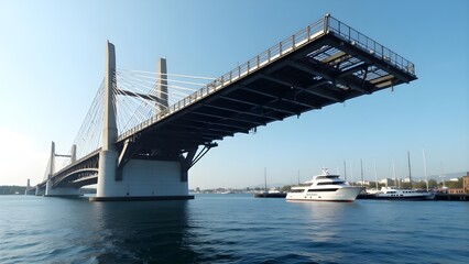 Unfinished Cable-Stayed Bridge Under Construction Above Coastal Marina