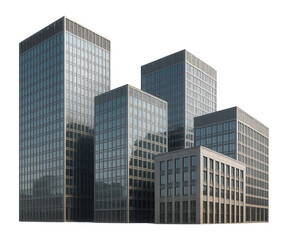 Fototapeta premium Cluster of modern glass and steel office buildings featuring grid-like window patterns on transparent background.