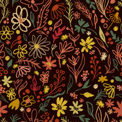 Seamless dark background autumn flowers. hand drawing. Not AI, Vector illustration.