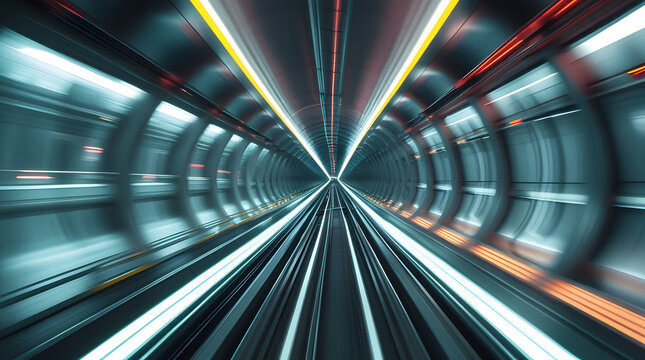Dynamic studio shot of a hyperloop train tunnel in motion, with a futuristic and abstract perspective of glowing light streaks creating a sense of immense speed and technology