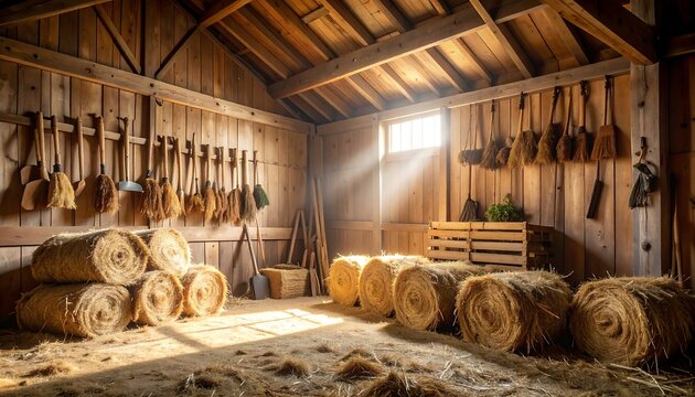 Rustic Barn Interior Filled with Hay Bales and Hanging Tools