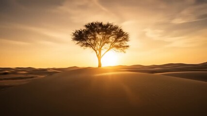 A solitary tree stands against a brilliant golden sunrise over vast desert dunes at dawn - Powered by Adobe