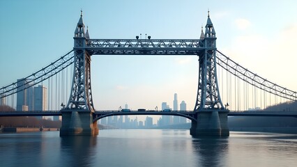 Obraz premium Historic suspension bridge over a river with a distant city skyline