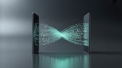 Digital Data Transfer: Two smartphones connect in a dynamic display, with digital data gracefully flowing between them, illustrating the power of connectivity in the technological world.