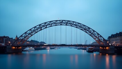 Obraz premium Large steel arch bridge spanning a river in a city at dusk