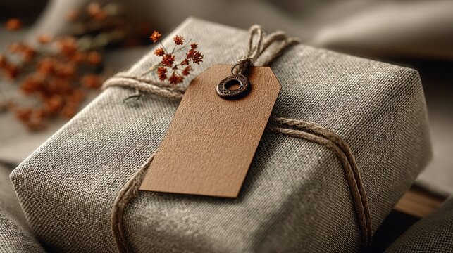 Wrapped present with tag and twine with small orange flowers
