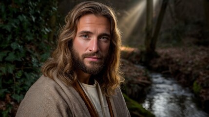 Jesus Christ by a Forest Stream with Sunlight Breaking Through Trees