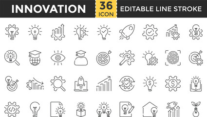 Innovation Line Icon Set. Pixel Perfect and Outline Editable Stroke Icons collection for Creativity, Invention, Prototype, Design Thinking, Brainstorming, Visionary Ideas, and Revolution