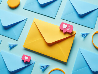 Envelopes of Communication A Vibrant Still Life of Correspondence and Social Media Engagement Depicting Messages, Notifications, and Digital Interaction on Light Blue Backdrop