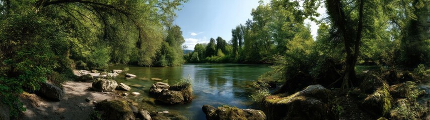 Scenic nature panorama riverbank hdr 360&deg; view