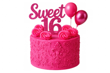 Sweet sixteen pink cake adorned with frosting rosettes, birthday balloons, elegantly presenting festive celebration confectionery