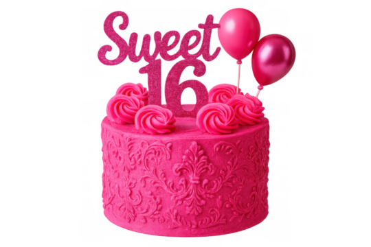 Sweet sixteen pink cake adorned with frosting rosettes, birthday balloons, elegantly presenting festive celebration confectionery