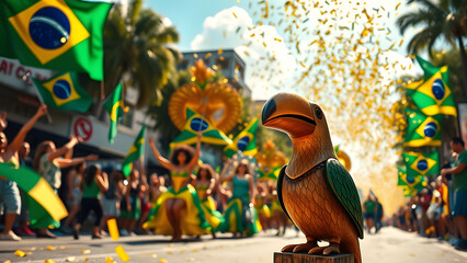 Vibrant Brazilian street parade with confetti and a toucan mascot embodying national spirit.