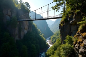 Suspension bridge over a deep mountain gorge with a river below