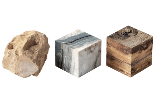 Three cube-shaped objects, showcasing different natural materials