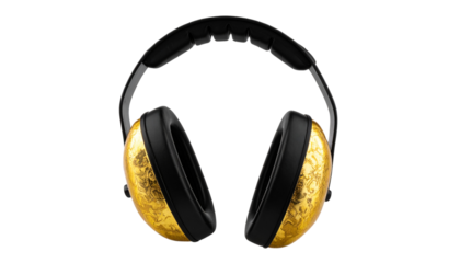 Ear defenders ear phones with golden ear cups and black headband, isolated on transparent background