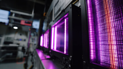 Purple LED lights glowing on electronic equipment in dark technology room creating futuristic atmosphere