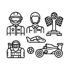 Formula 1 Racing Icons Set - Motorsport Line Art Collection with F1 Car, Helmet, Trophy, Checkered Flag, Tire, DRS Wing, Racing Suit Vector Outline Symbols for UI Design See Less