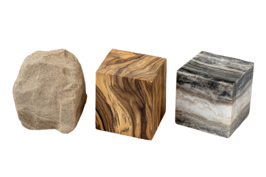 Three geometric objects, a rough stone and two cubes of different natural materials