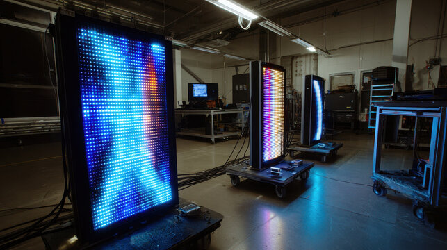 LED display panels with colorful lights in dark industrial room creating futuristic and vibrant atmosphere