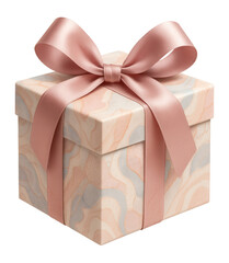 Elegant gift box with marbled paper design and pink satin ribbon bow on transparent background.