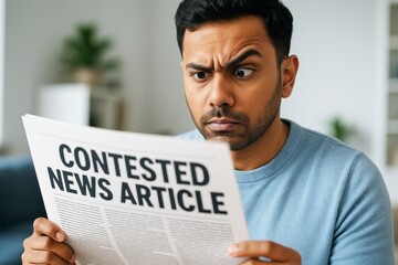Man with confused expression reading newspaper headline "Contested News Article" in bright indoor setting, questioning information truthfully. Ai generative