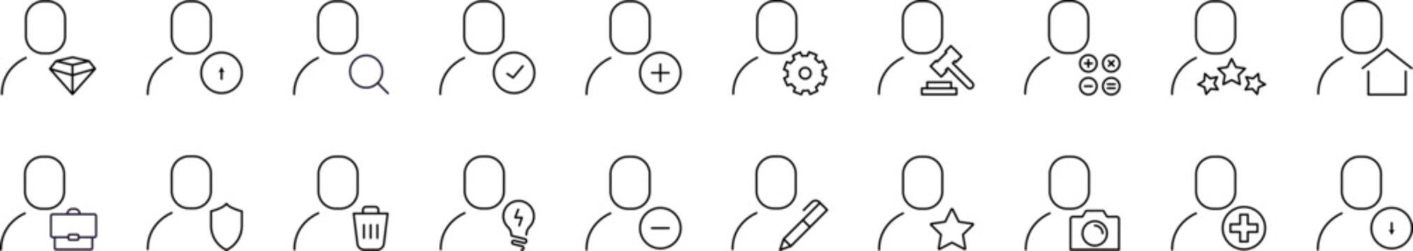 Collection of Outline Symbols of User with Various Items Drawn with Thin Line for Graphics, Cards, Web Sites, Apps