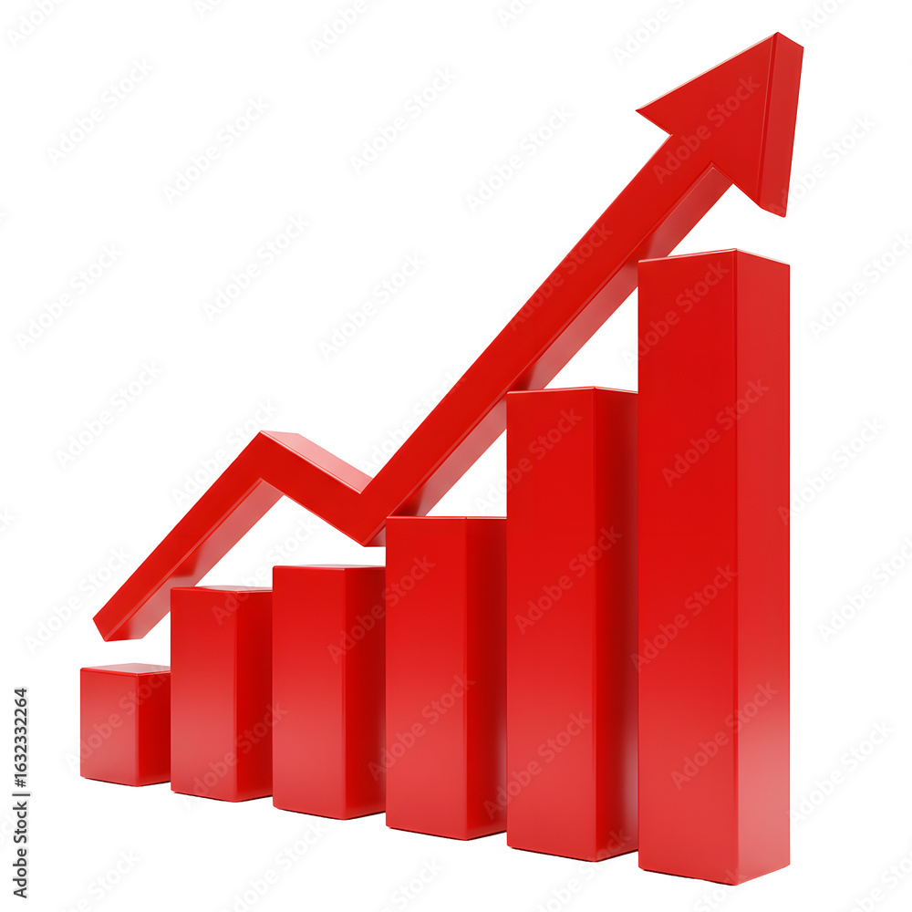 Poster red bar chart showing growth with ascending arrow symbolizing progress