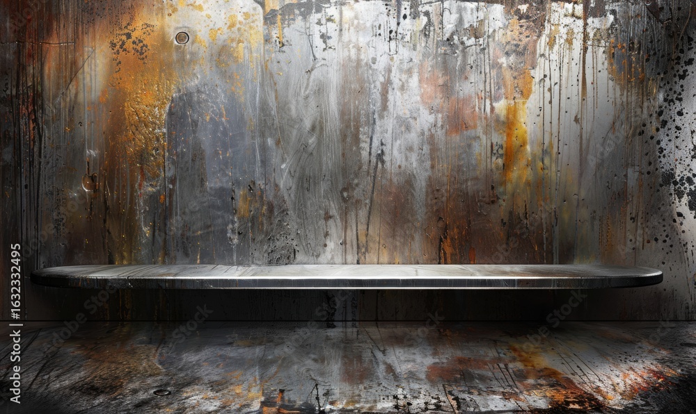 Poster Grungy metal wall with shelf rust and silver tones for display or background